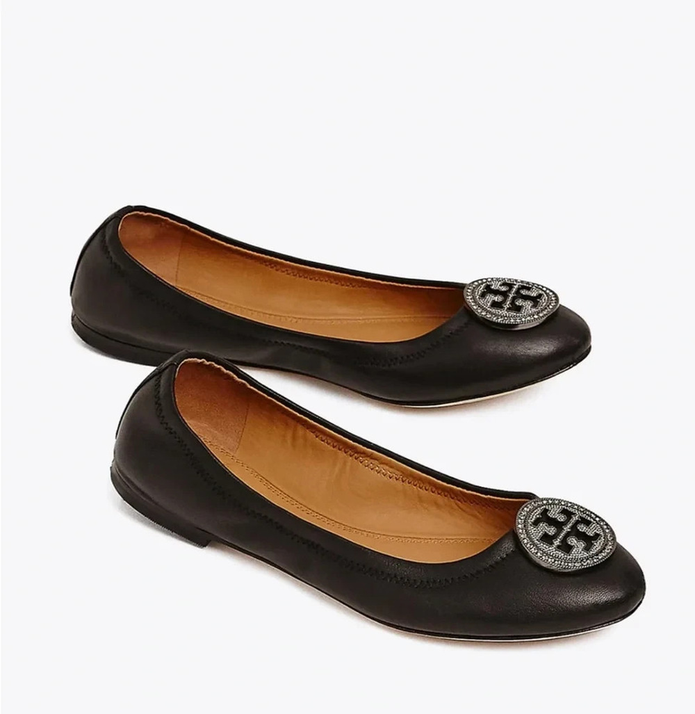 Tory Burch Liana Rhinestone Jewel Embellished Ballet Flat Black Leather Round 7